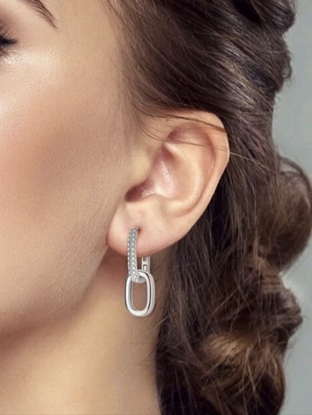 Silver Oval Drop Hoop Earrings - Silver